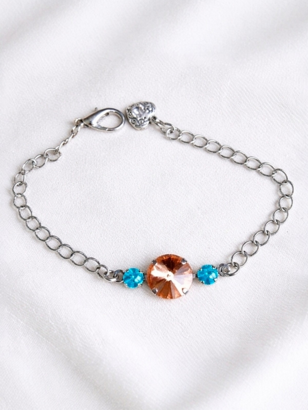 Blue & Orange Crystal Silver Chain Bracelet | Handmade